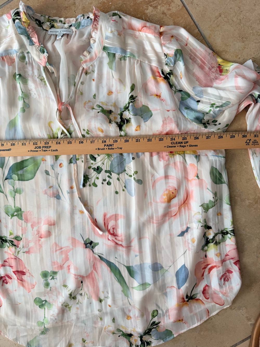 Floral Pleated V-Neck Blouse in Soft Peach and Green - Picture 6 of 6